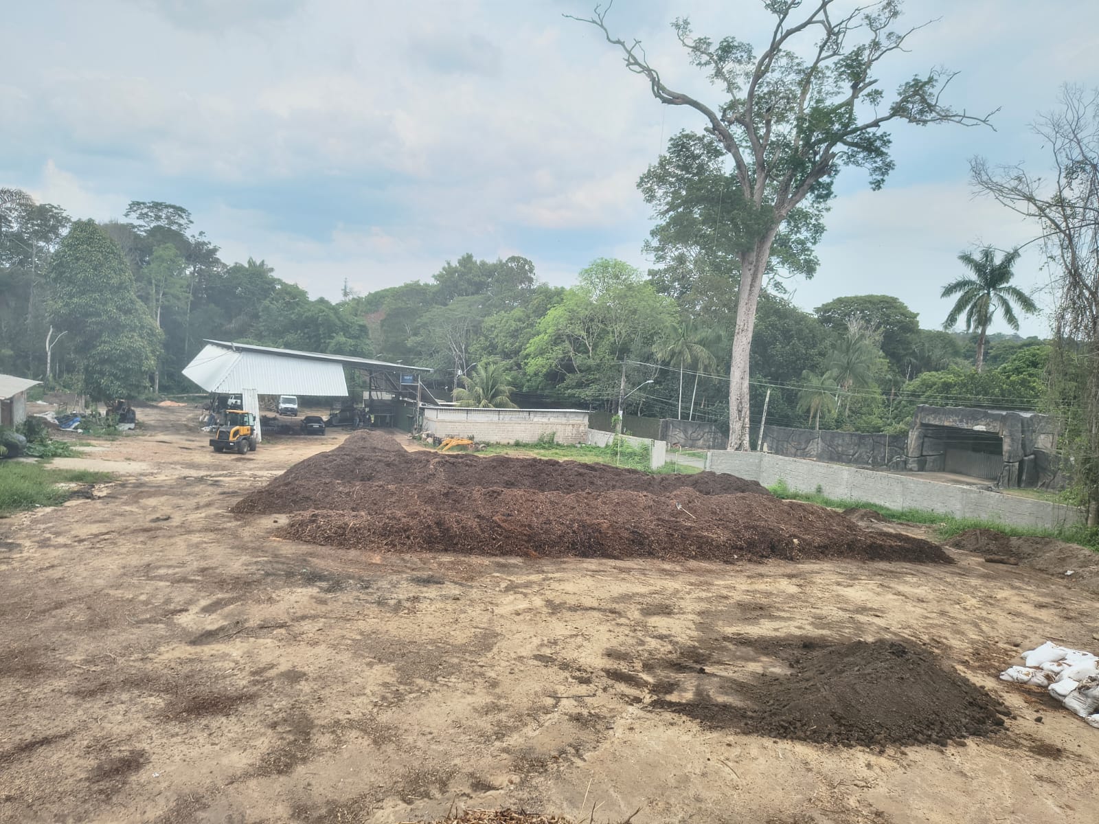 Pátio de compostagem da Chácara Way em Manaus com leiras de composto orgânico
